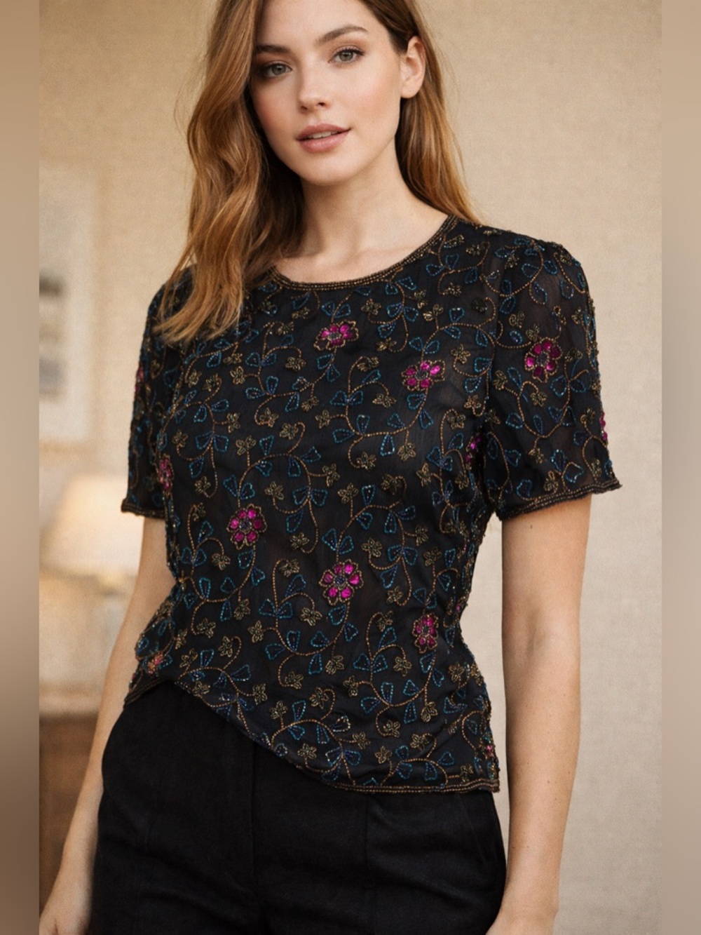 Vintage Black Beaded Floral Evening Jacket with Pink & Teal Accents